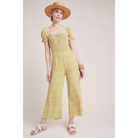 Faithfull the Brand Laszlo Sunflower Print Square Neck Smocked Jumpsuit Size‎ S - Picture 2 of 10